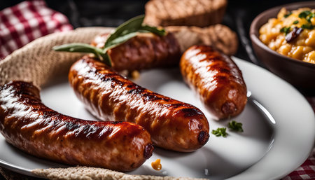 Close up of three grilled sausages on a white plate. The sausages are juicy and golden brown.の写真素材