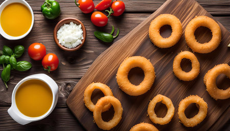 A close-up shot of crispy onion rings arranged on a wooden board, surrounded by various ingredients like tomatoes, green peppers, basil, and cheese.の写真素材