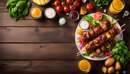 A close-up of bacon-wrapped skewers arranged on a white plate with fresh vegetables, a delicious and savory meal perfect for any occasion.の写真素材