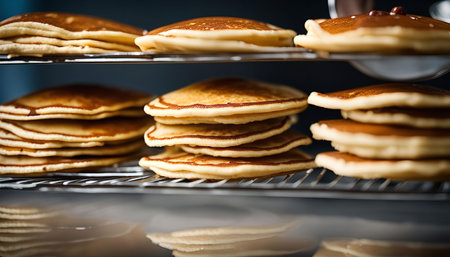 A close-up shot of a stack of golden brown pancakes, likely just out of the pan, inviting a delicious breakfast.の写真素材