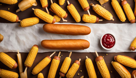 Two corn dogs on white paper with ketchup on a wooden background. The corn dogs are surrounded by corn on the cob.の写真素材
