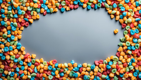 A frame made out of colorful cereal on a gray background.の写真素材