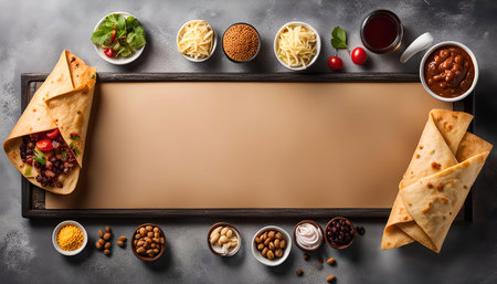 An overhead shot of a delicious burrito ingredients on a tray with copy space. The ingredients include tortillas, beans, cheese, salsa, sour cream. The tray is on a gray background.の写真素材
