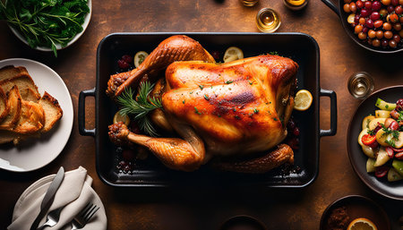 A roasted turkey, a symbol of festive gatherings, is the star of this culinary spread, surrounded by a symphony of delectable side dishes, all ready to be enjoyedの写真素材