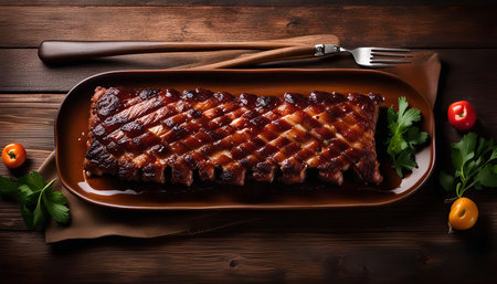 A delicious plate of BBQ ribs on a wooden table, ready to be enjoyed. The ribs are glazed with a sweet and savory sauce and look incredibly appetizing.の写真素材