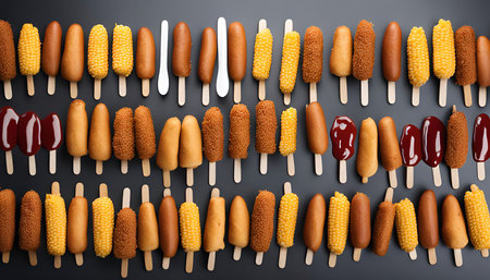A row of corn dogs on a stick with various toppings. The image is a close-up, overhead shot with a flat lay arrangement. The corn dogs are arranged in rows.の写真素材