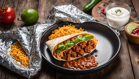 A delicious burrito filled with beef and rice, topped with cilantro, presented on a black plate with a wooden background.の写真素材