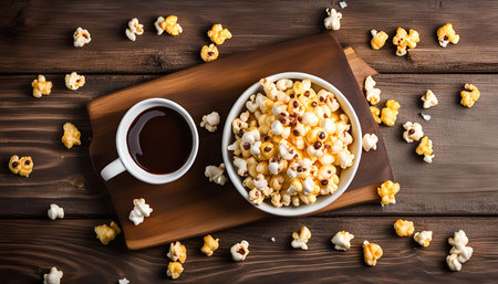 A bowl of caramel popcorn and a cup of coffee on a wooden table. The scene is cozy and perfect for a relaxing snack or movie night.の写真素材