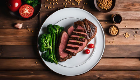 A delicious sliced steak with broccoli on a white plate, set against a rustic wooden background.の写真素材