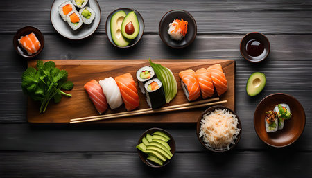 Close-up shot of sushi set on a wooden table. It includes different types of sushi, including nigiri and maki, with salmon, avocado, and cucumber. The sushi is placed on a wooden tray, and there are also bowls of soy sauce, wasabi, pickled ginger, and avocado slices. The table is made of dark wood, and the photo is taken from a top view.の写真素材