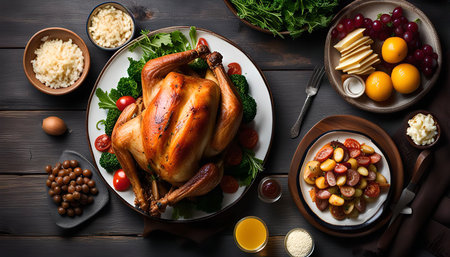 Overhead view of a delicious roasted turkey dinner table with a variety of side dishes.の写真素材