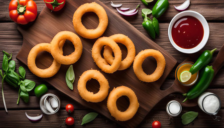A plate of golden brown onion rings sits on a wooden board, surrounded by a selection of dipping sauces, fresh ingredients, and garnishes, inviting viewers to indulge in this classic American snack.の写真素材