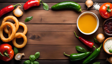 A wooden table is beautifully arranged with onion rings, peppers, tomatoes, garlic, and various sauces, showing a vibrant and appetizing composition.の写真素材