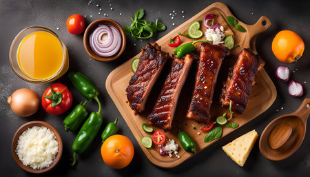 Closeup of a plate of BBQ ribs with fresh garnishes like tomatoes, onions, cucumber, and jalapeno peppers. The ribs are glistening with BBQ sauce and look incredibly delicious.の写真素材