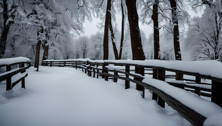 A snow-covered forest path lined with a wooden fence, the trees stand tall in the background.