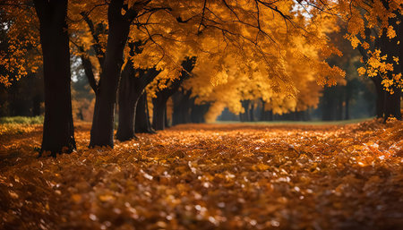 A serene pathway lined with trees ablaze in autumnal hues, creating a breathtaking spectacle of vibrant gold and orange leaves.の写真素材