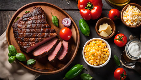 Close-up shot of a grilled steak sliced on a wooden plate surrounded by various ingredients like corn, tomatoes, peppers, garlic, and basilの写真素材