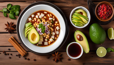 A bowl of delicious Mexican soup with avocado, onion, and spices on a wooden table. The soup is topped with avocado slices and a red onion, giving it a vibrant color contrast.の写真素材