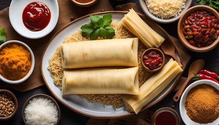 A platter of tamales, a traditional dish, surrounded by a variety of ingredients. The tamales are wrapped in corn husks and filled with meat, beans, and rice, and the platter is adorned with spices, sauces, and peppers.の写真素材