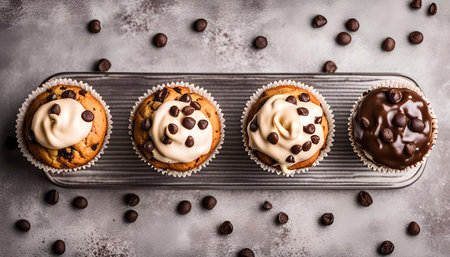 A close-up shot of four chocolate chip muffins on a gray background. The muffins are topped with white and chocolate icing and scattered with chocolate chips.の写真素材