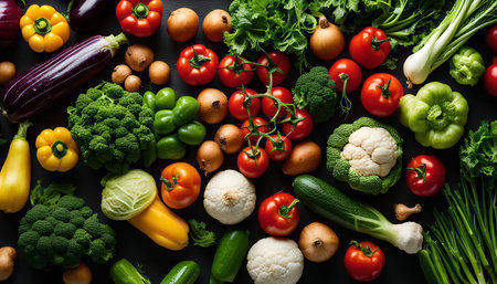 A vibrant flatlay showing an assortment of fresh vegetables, including tomatoes, broccoli, cauliflower, onions, peppers, zucchini, and more. The image highlights the diversity and color of a healthy and delicious diet.の写真素材