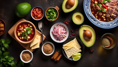 A bowl of traditional Mexican soup with all the ingredients like avocado, lime, cheese, onion, chili, coriander, tomatoes, cilantro, and spicesの写真素材