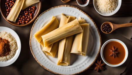 A plate of freshly made tamales with various sides including beans, rice, and salsa.の写真素材