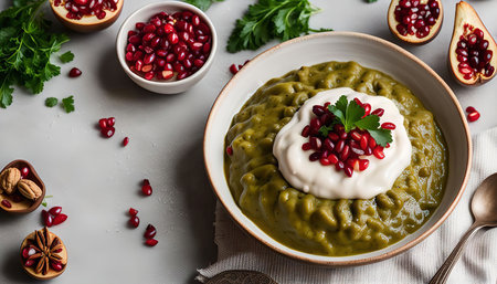 A close-up photo of a bowl of green soup topped with pomegranate seeds and cream. It's a delicious and healthy meal that is perfect for any occasion.の写真素材