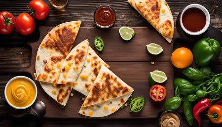 A close-up of a delicious quesadilla with a variety of fresh toppings on a wooden table, perfect for a flavorful and satisfying meal.の写真素材