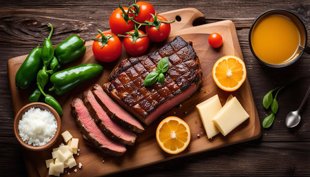 A delicious grilled steak, sliced and served with fresh tomatoes, oranges, herbs, and cheese on a rustic wooden cutting board. This dish is a culinary delight, perfect for a satisfying meal.の写真素材