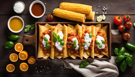 A close-up view of a platter of enchiladas, topped with cheese, salsa and a dollop of sour cream, accompanied by corn on the cob, tomatoes, limes, and a side of salsa.の写真素材