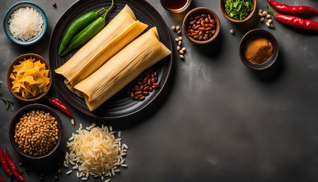 Close up image of ingredients for cooking tamales, including masa, rice, beans, chiles, and spices arranged on a gray surface. The image creates a sense of culinary delight with its vibrant colors and fresh ingredients.の写真素材