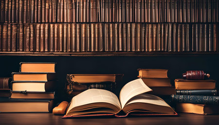 An open book on a wooden table with a large bookshelf full of books in the background.の写真素材