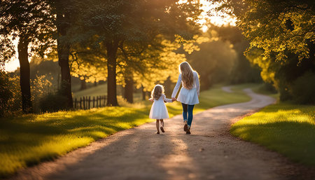 A mother and her young daughter walk hand-in-hand down a path in a forest, bathed in the warm glow of the setting sun.の写真素材