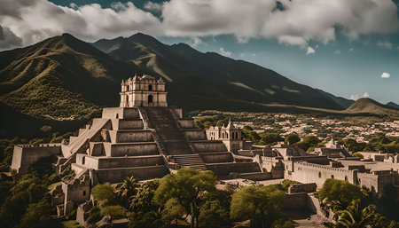 A view of an ancient pyramid complex in a lush mountainous region. The structure is made of stone and is surrounded by trees and vegetation. The sky is cloudy with hints of blueの写真素材