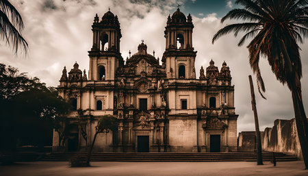 A weathered old church, possibly in a tropical country, with a palm tree and cloudy sky in the backgroundの写真素材