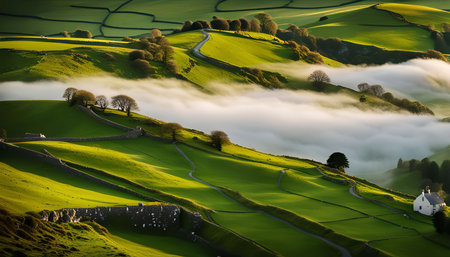 A stunning panorama of rolling hills blanketed in morning mist, showcasing the beauty of the countryside at dawn.の写真素材