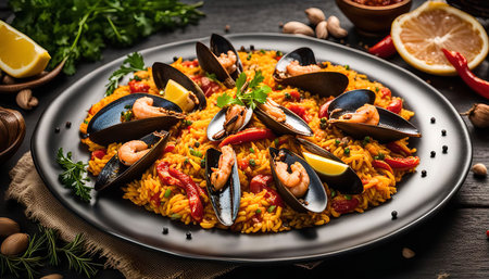 A close-up of a plate of paella, a Spanish rice dish, with seafood, including mussels and shrimp. The paella is cooked in a pan and served on a black plate. There are additional ingredients such as parsley, lemon, and pepper.の写真素材