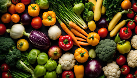 A vibrant assortment of fresh vegetables arranged on a dark background, showing the diversity and beauty of nature's bounty.の写真素材