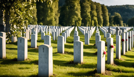 A rows of white tombstones in a cemetery, a peaceful green lawn, trees on the horizon