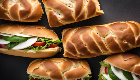A close-up image of fresh baked bread rolls filled with fresh ingredients, including tomatoes and basil.の写真素材