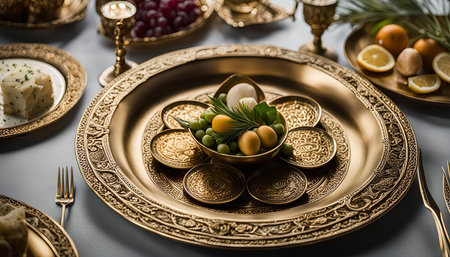 A close-up of an ornate gold table setting, featuring an elaborate plate, utensils, and fruit. The intricately designed and gleaming finish create a luxurious and elegant atmosphere.の写真素材