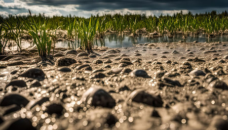 A close-up image of green grass growing in a wet area with pebbles and sand. The water is calm and reflecting the blue sky above.の写真素材