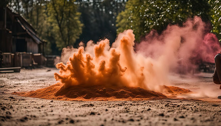 Orange and pink smoke cloud exploding over the ground, forming a beautiful burst of colors in the airの写真素材