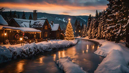 A cozy cabin nestled in a winter wonderland, with a frozen river flowing through a snow-covered forest. The cabin is decorated with Christmas lights, creating a magical and festive atmosphere.の写真素材