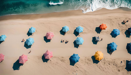An aerial view of a beach with colorful umbrellas, people sunbathing, and the ocean in the background.の写真素材