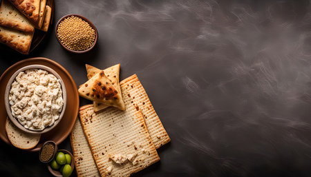 Flat matzah crackers and a creamy cheese spread are displayed on a dark background. The image embodies the essence of Passover with traditional flavors and ingredients.の写真素材