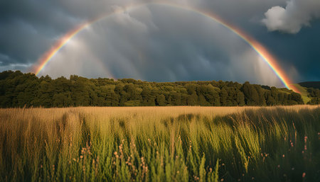 A vibrant rainbow arches over a green field, with a backdrop of dark clouds and trees. The image captures the beauty of nature after a storm.の写真素材