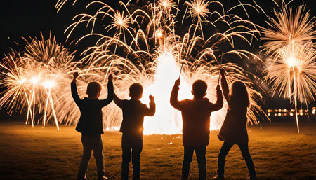 Four kids stand in awe of the vibrant fireworks display. The kids' silhouettes are visible against the luminous streaks of light, creating a festive scene.の写真素材