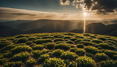 A stunning sunset over a mountain range with the sun setting in the distance and illuminating the clouds above. The grass in the foreground is highlighted by the light of the setting sun.の写真素材